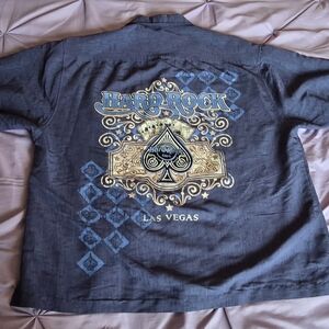 Hard Rock Cafe Blue Button Down Shirt with Gold & Blue Embroidered Accents Large